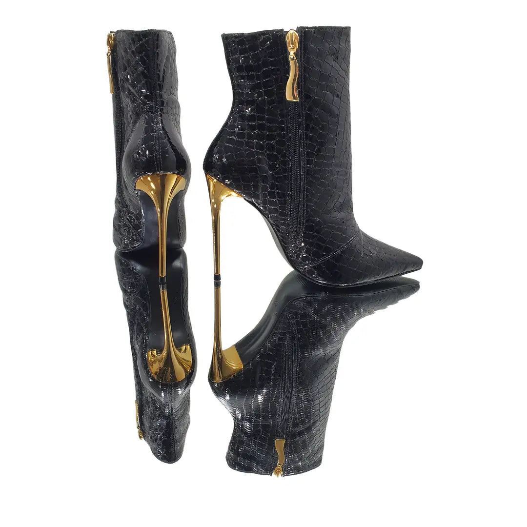 Bota Couro Legítimo Preto Verniz Croco Salto Alto Dourado 12cm Sola Preta