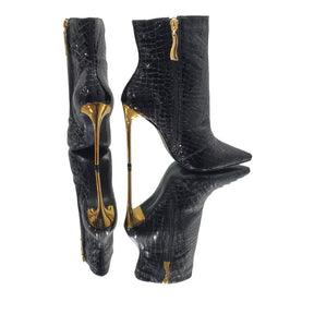 Bota Couro Legítimo Preto Verniz Croco Salto Alto Dourado 12cm Sola Preta
