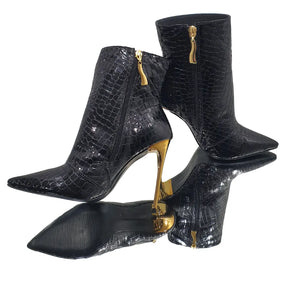 Bota Couro Legítimo Preto Verniz Croco Salto Alto Dourado 12cm Sola Preta