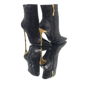 Bota Couro Legítimo Preto Verniz Croco Salto Alto Dourado 12cm Sola Preta