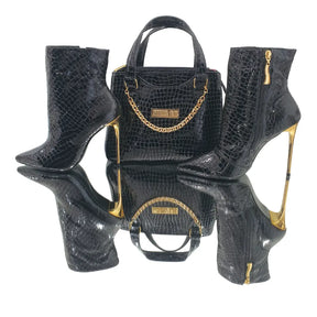 Bota Couro Legítimo Preto Verniz Croco Salto Alto Dourado 12cm Sola Preta