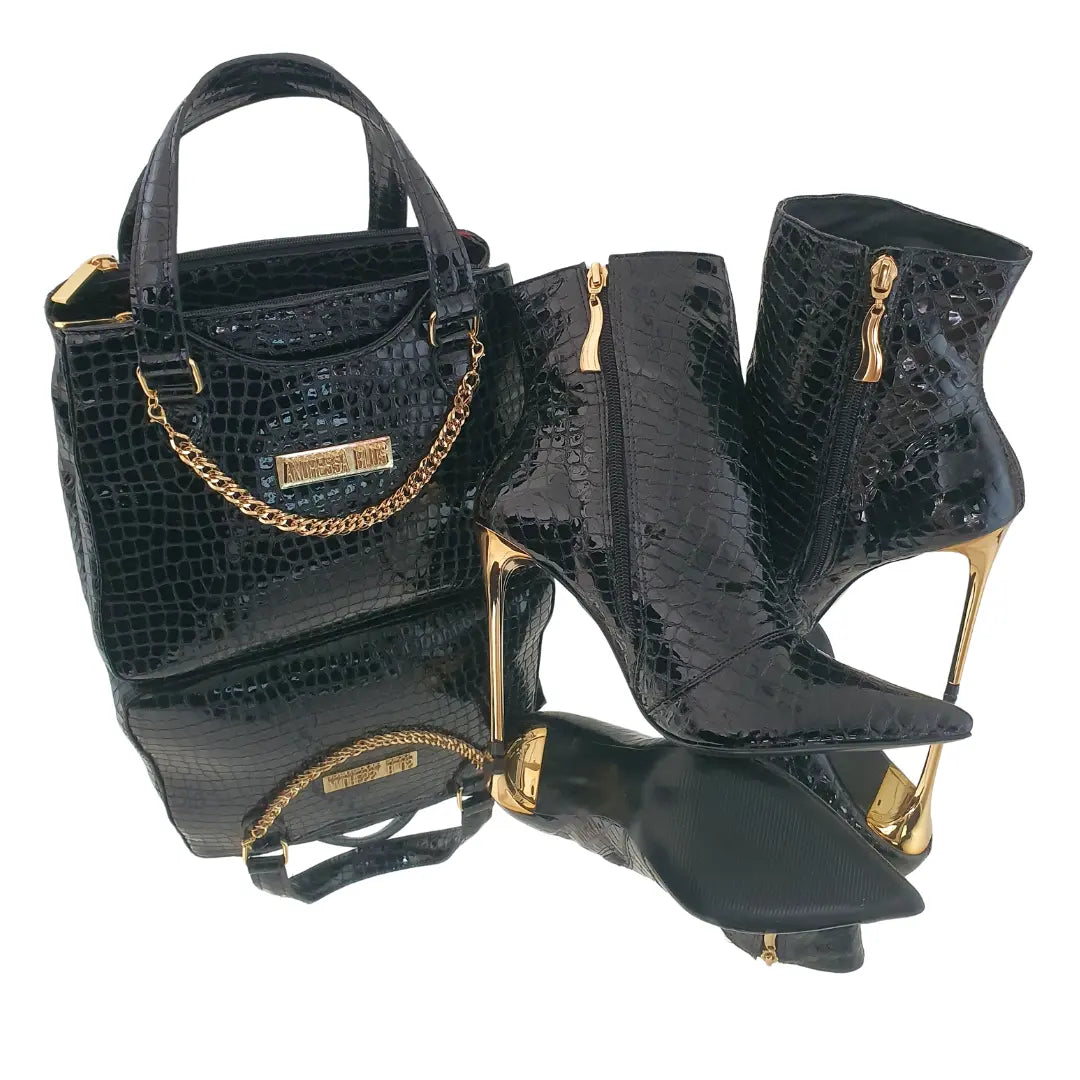 Bolsa Couro Legítimo Preto Verniz Croco Com Alça de Mão e Tiracolo Removível