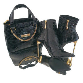 Bota Couro Legítimo Preto Verniz Croco Salto Alto Dourado 12cm Sola Preta