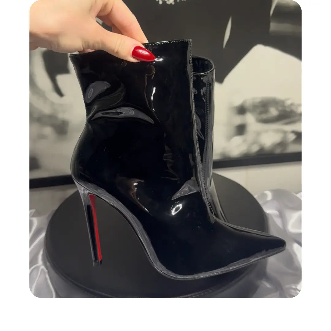 Bota Couro Legítimo Preto Verniz Salto 12cm Sola Vermelha
