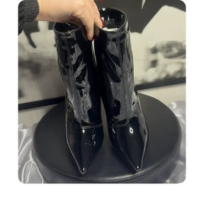 Bota Couro Legítimo Preto Verniz Salto 12cm Sola Vermelha