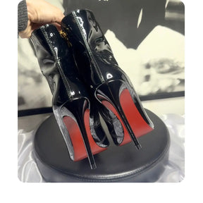 Bota Couro Legítimo Preto Verniz Salto 12cm Sola Vermelha