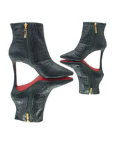 Bota Couro Legítimo Verde Militar Croco Salto Médio 8cm Sola Vermelha