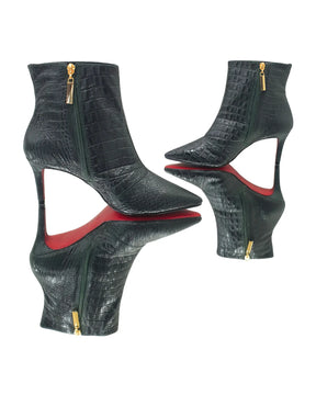 Bota Couro Legítimo Verde Militar Croco Salto Médio 8cm Sola Vermelha