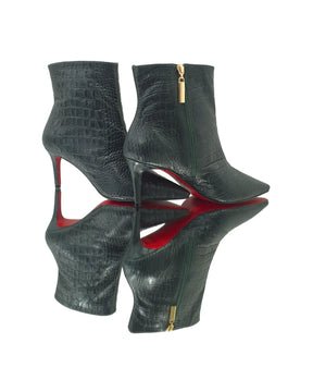 Bota Couro Legítimo Verde Militar Croco Salto Médio 8cm Sola Vermelha