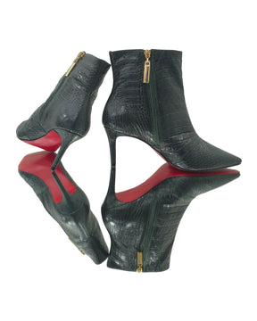 Bota Couro Legítimo Verde Militar Croco Salto Médio 8cm Sola Vermelha