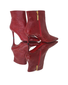 Bota Couro Legítimo Vermelho Croco Salto Médio 8cm Sola Vermelha
