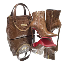 Bota Couro Legítimo Caramelo Croco Salto Alto 12cm Sola Vermelha