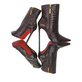 Bota Couro Legítimo Marrom Café Croco Salto Alto 12cm Sola Vermelha