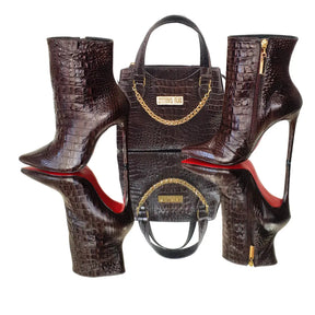 Bota Couro Legítimo Marrom Café Croco Salto Alto 12cm Sola Vermelha
