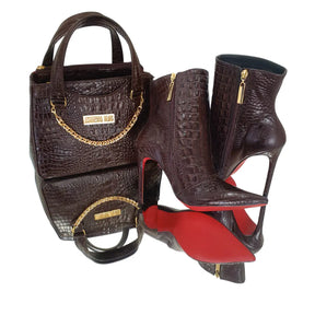Bota Couro Legítimo Marrom Café Croco Salto Alto 12cm Sola Vermelha