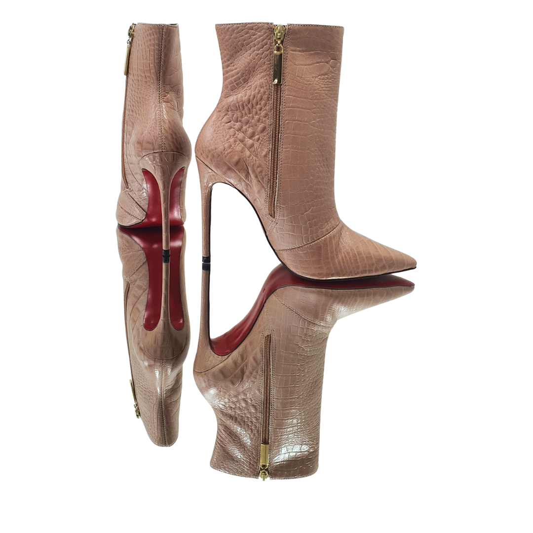 Bota Couro Legítimo Nude Croco Salto Alto 12cm Sola Vermelha