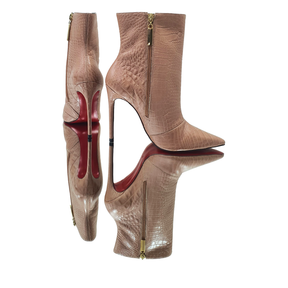 Bota Couro Legítimo Nude Croco Salto Alto 12cm Sola Vermelha