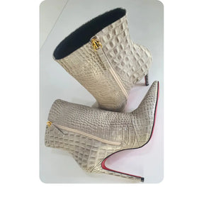 Bota Couro Legítimo Croco Salto Alto 12cm Sola Vermelha