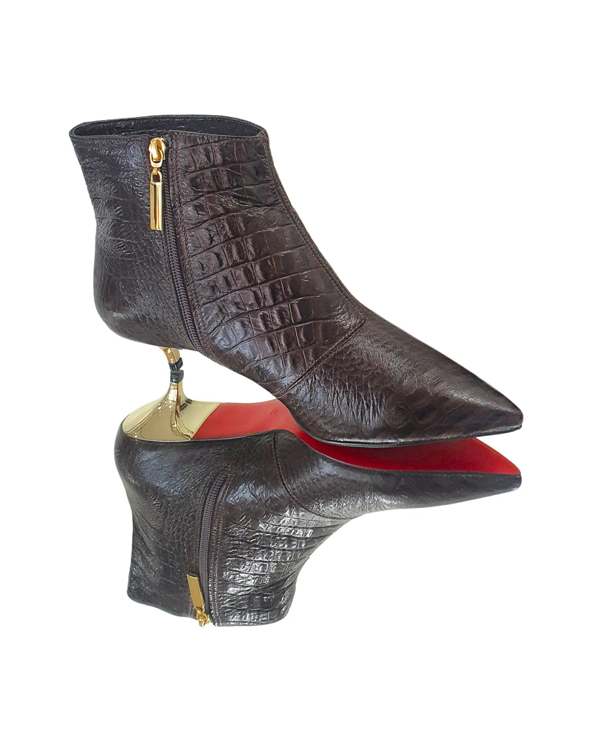 Bota Couro Legítimo Marrom Café Croco Salto Dourado  4cm Sola Vermelha