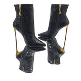 Bota Couro Legítimo Preto Verniz Croco Salto Alto Dourado 12cm Sola Preta