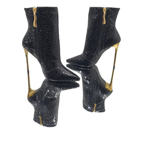 Bota Couro Legítimo Preto Verniz Croco Salto Alto Dourado 12cm Sola Preta