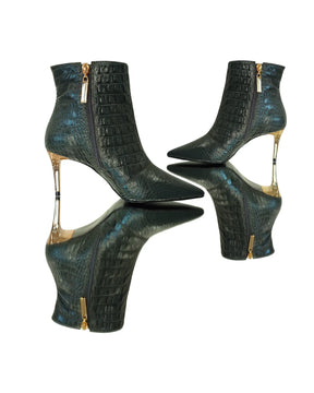 Bota Couro Legítimo Verde Militar Croco Salto Médio 8cm Sola Vermelha
