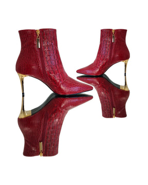 Bota Couro Legítimo Vermelho Croco Salto Médio 8cm Sola Vermelha