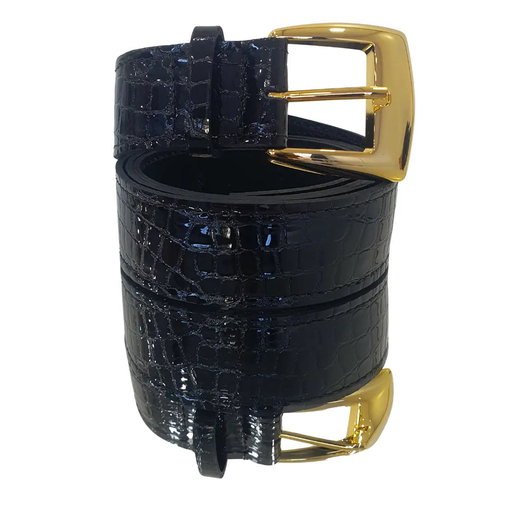 Cinto Couro Legítimo Preto Verniz Croco (3,5cm Larg)