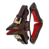 Kit Scarpin e Cinto Couro Legítimo Marrom Croco Salto Alto 12cm Sola Vermelha