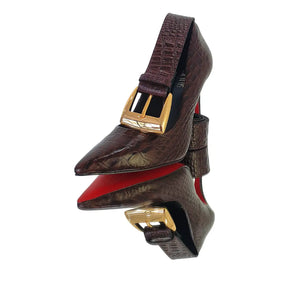 Kit Scarpin e Cinto Couro Legítimo Marrom Croco Salto Alto 12cm Sola Vermelha