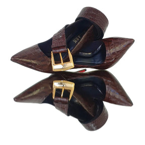 Kit Scarpin e Cinto Couro Legítimo Marrom Croco Salto Alto 12cm Sola Vermelha