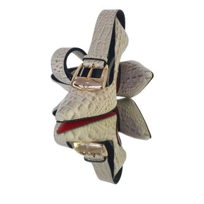 Kit Scarpin e Cinto Couro Legítimo Off White Croco Salto Alto 12cm Sola Vermelha