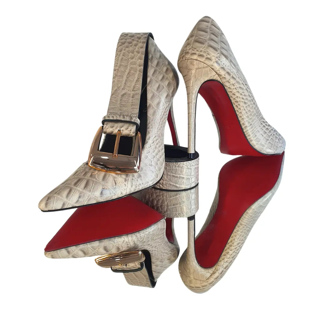 Kit Scarpin e Cinto Couro Legítimo Off White Croco Salto Alto 12cm Sola Vermelha