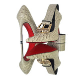 Kit Scarpin e Cinto Couro Legítimo Off White Croco Salto Alto 12cm Sola Vermelha