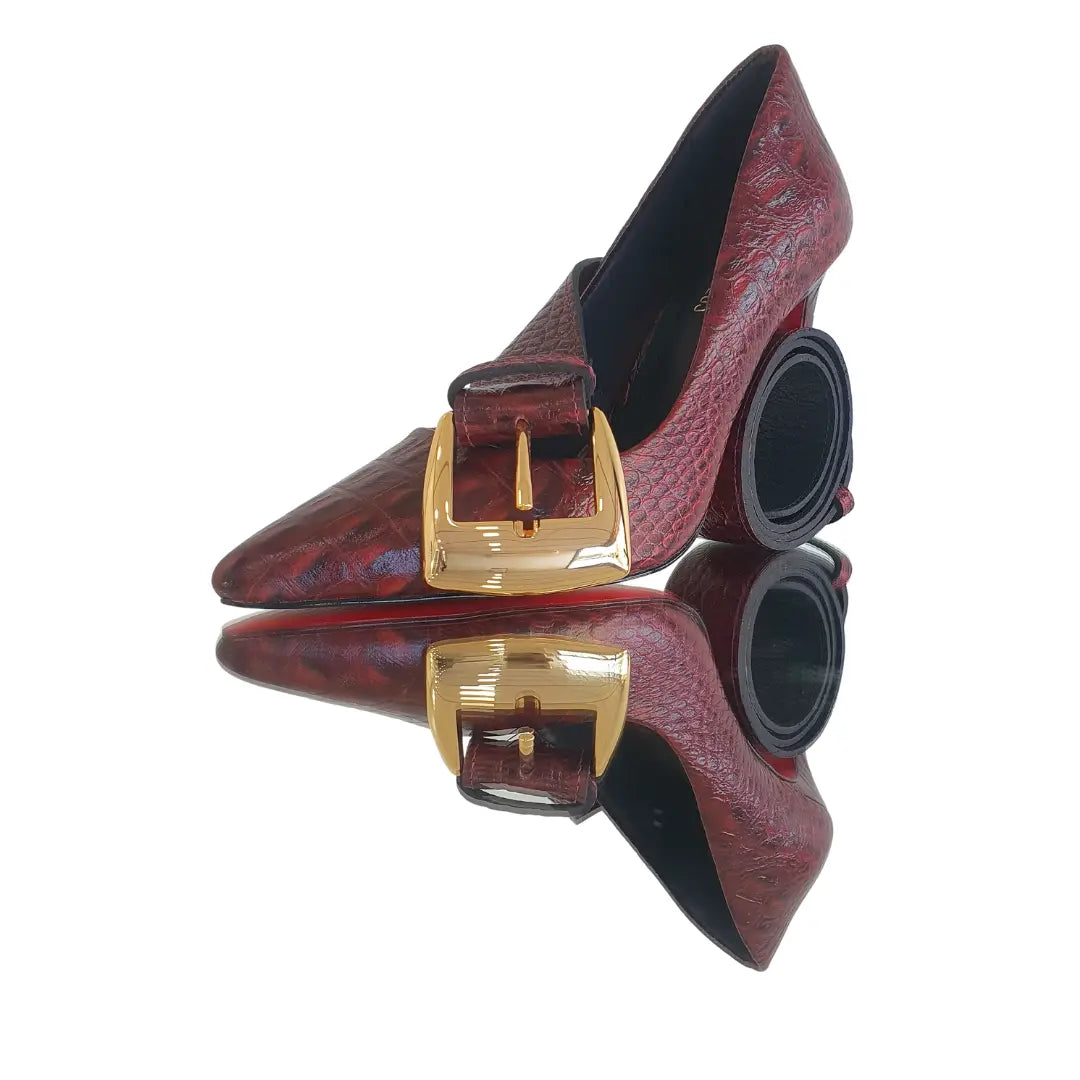 Kit Scarpin e Cinto Couro Legítimo Marsala Croco Salto Alto 10cm Sola Vermelha