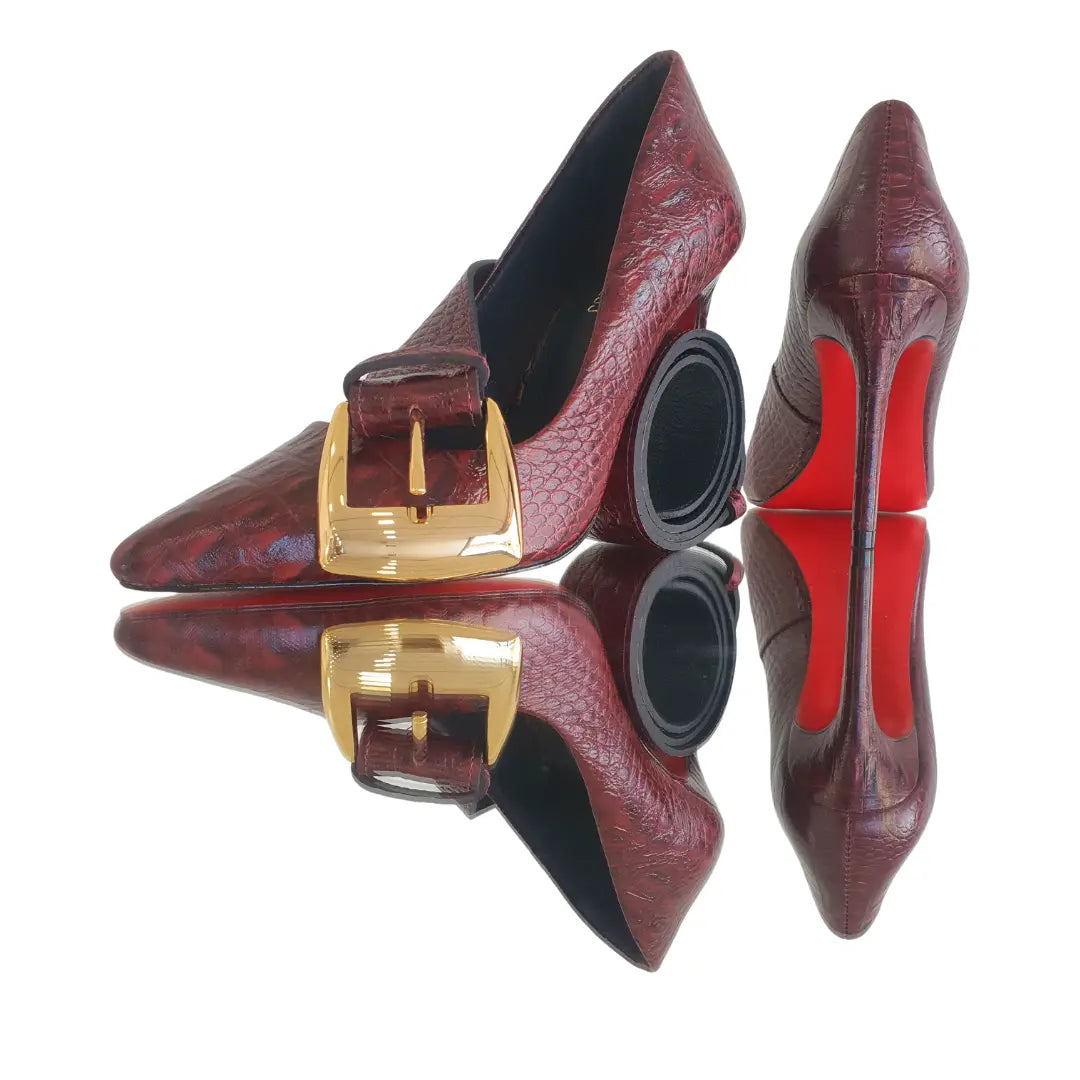 Kit Scarpin e Cinto Couro Legítimo Marsala Croco Salto Alto 10cm Sola Vermelha