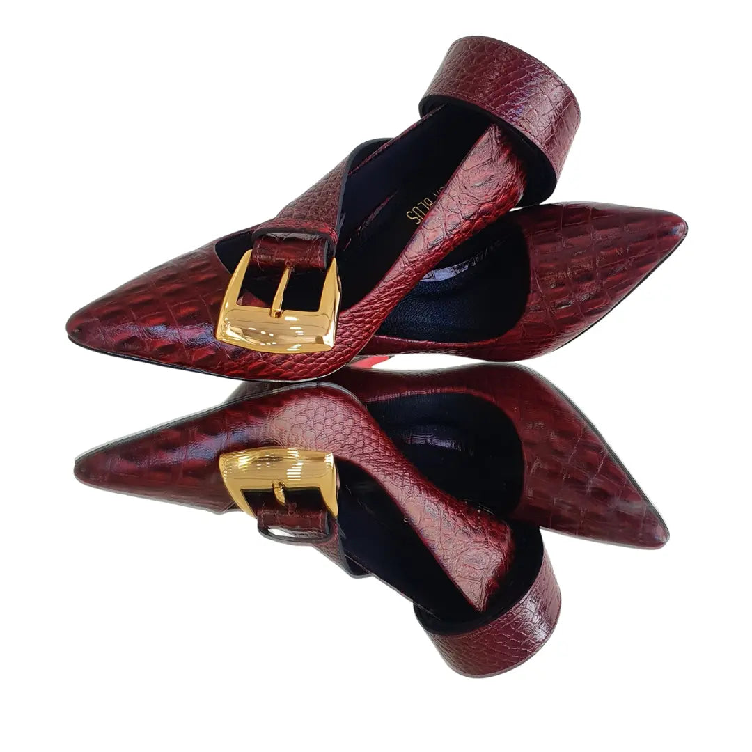Kit Scarpin e Cinto Couro Legítimo Marsala Croco Salto Alto 10cm Sola Vermelha