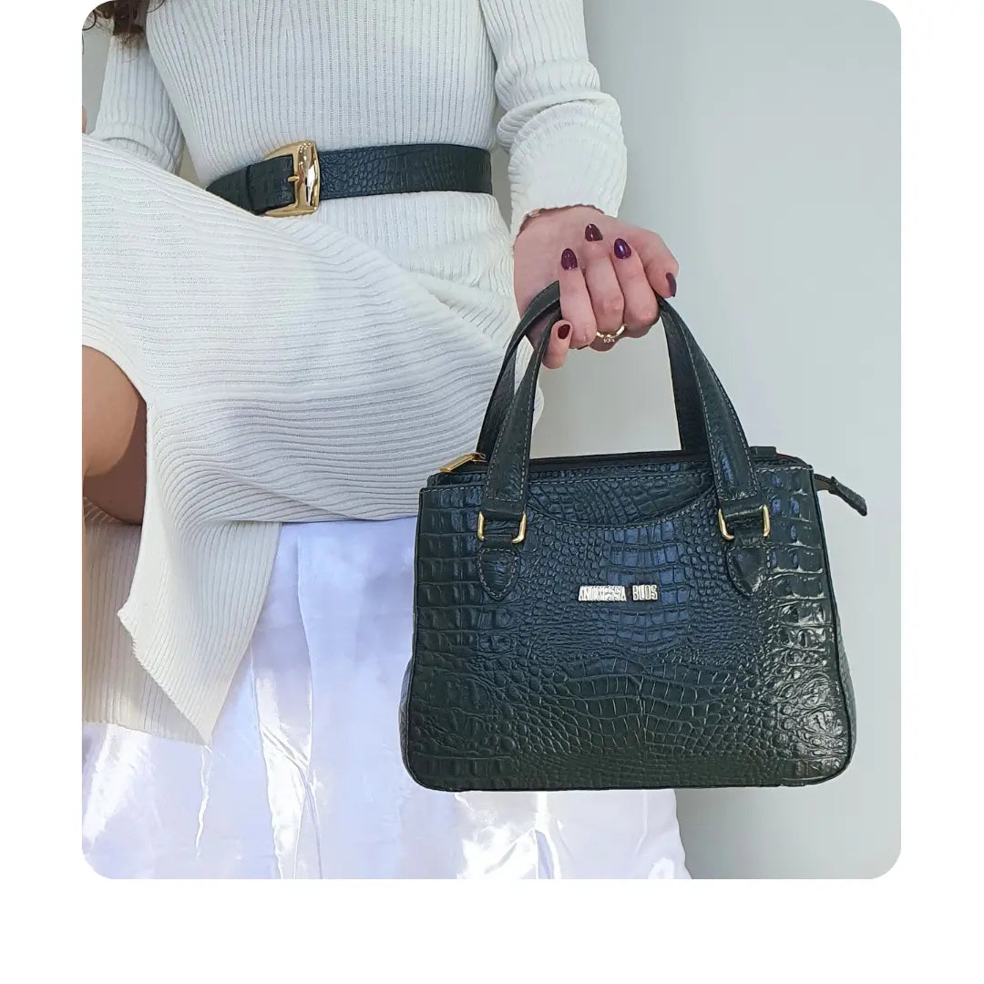 Bolsa Couro Legítimo Verde Militar Croco Com Alça Transversal Removível