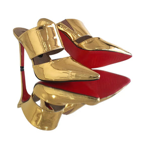 Mule Dourado Espelhado Salto Alto 10cm Sola Vermelha