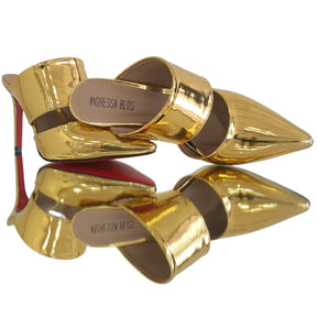 Mule Dourado Espelhado Salto Alto 10cm Sola Vermelha