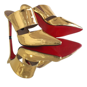Mule Dourado Espelhado Salto Alto 10cm Sola Vermelha