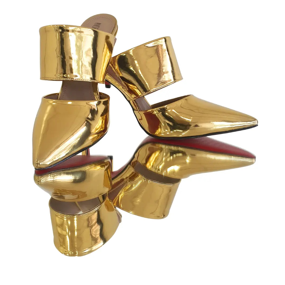 Mule Dourado Espelhado Salto Alto 10cm Sola Vermelha