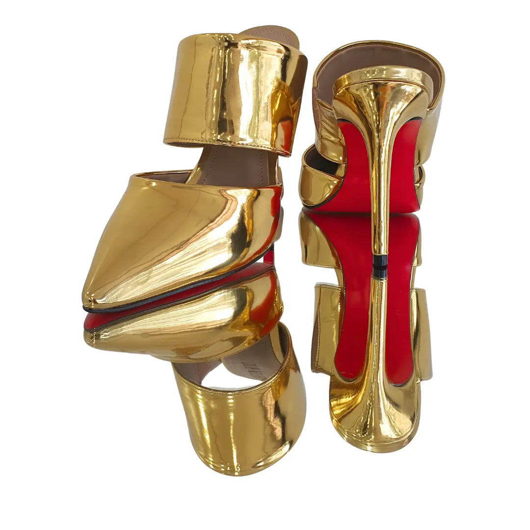 Mule Dourado Espelhado Salto Alto 10cm Sola Vermelha