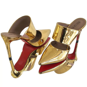 Mule Dourado Espelhado Salto Alto 10cm Sola Vermelha