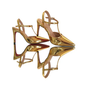 Scarpin Aberto Dourado Espelhado Salto Alto 10cm Sola Vermelha
