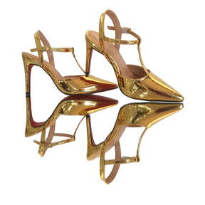 Scarpin Aberto Dourado Espelhado Salto Alto 10cm Sola Vermelha