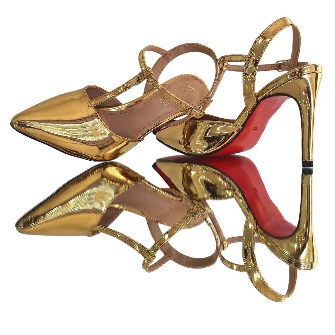 Scarpin Aberto Dourado Espelhado Salto Alto 10cm Sola Vermelha