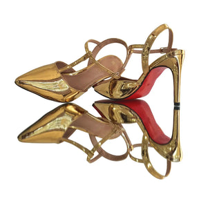 Scarpin Aberto Dourado Espelhado Salto Alto 10cm Sola Vermelha