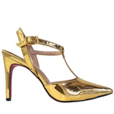 Scarpin Aberto Dourado Espelhado Salto Alto 10cm Sola Vermelha