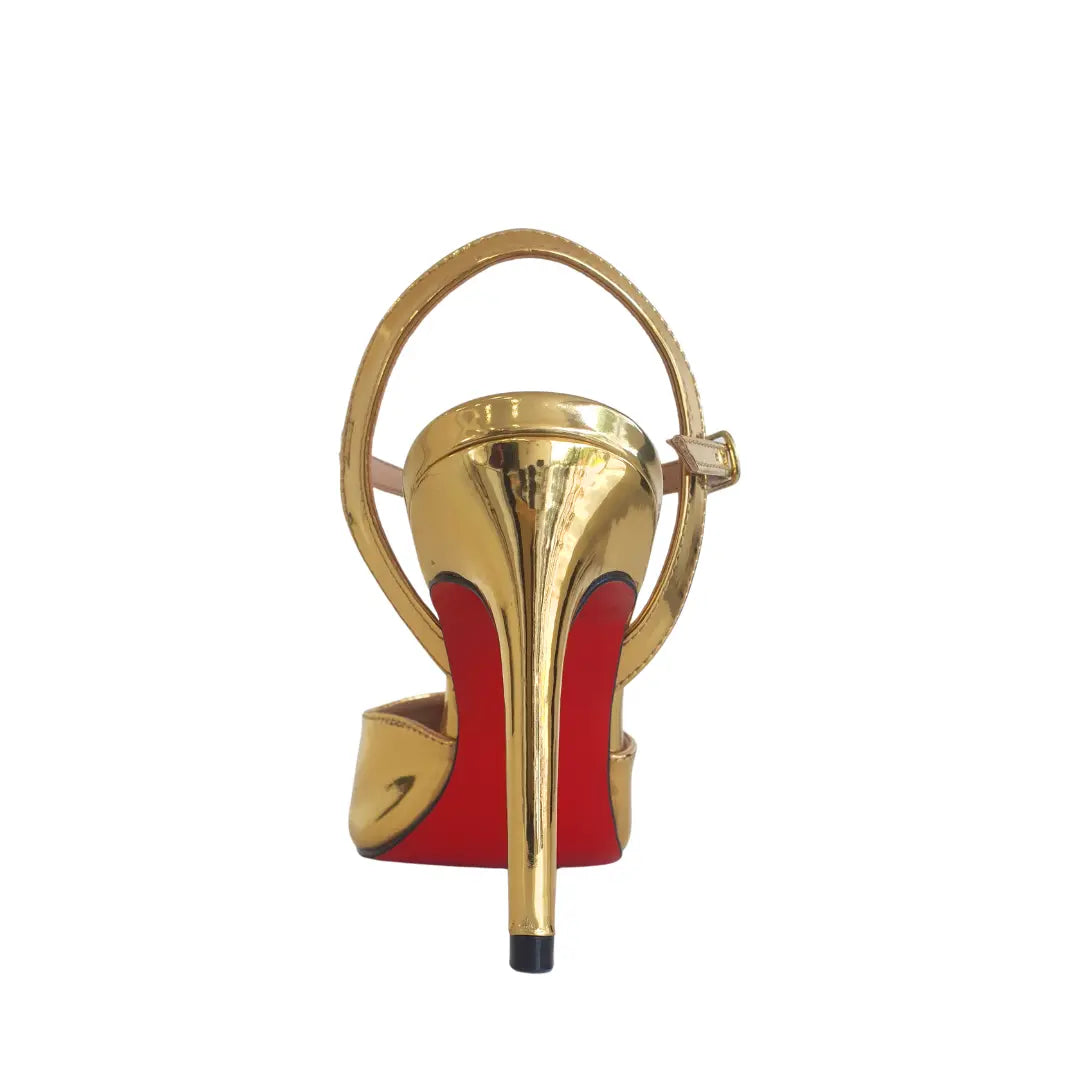 Scarpin Aberto Dourado Espelhado Salto Alto 10cm Sola Vermelha